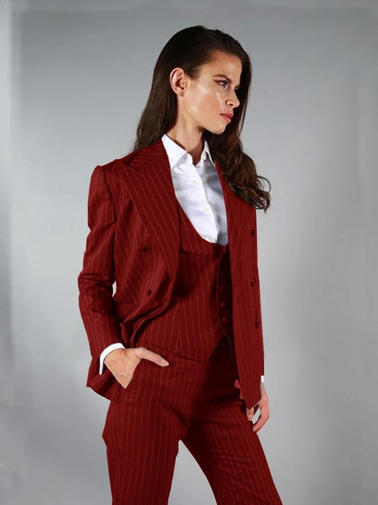 Womens Striped Suit 3 Pieces DoubleBreasted Casual Lady Blazer Tuxedo Suitable For Prom Jacket Vest Pants Lapel 250114