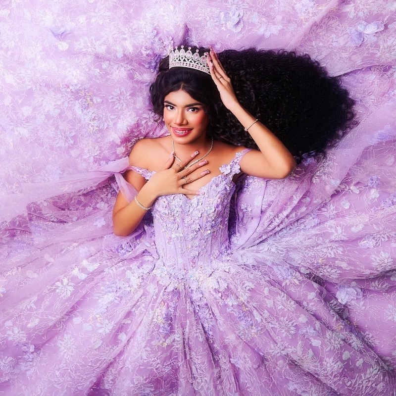 Lilac Quinceanera Dresses Ball Gown Off Shoulder Sequin Appliques Lace Beading Crystal Flower Tull Corset Birthday Party Sweet 16 Dress Vestidos 15 De