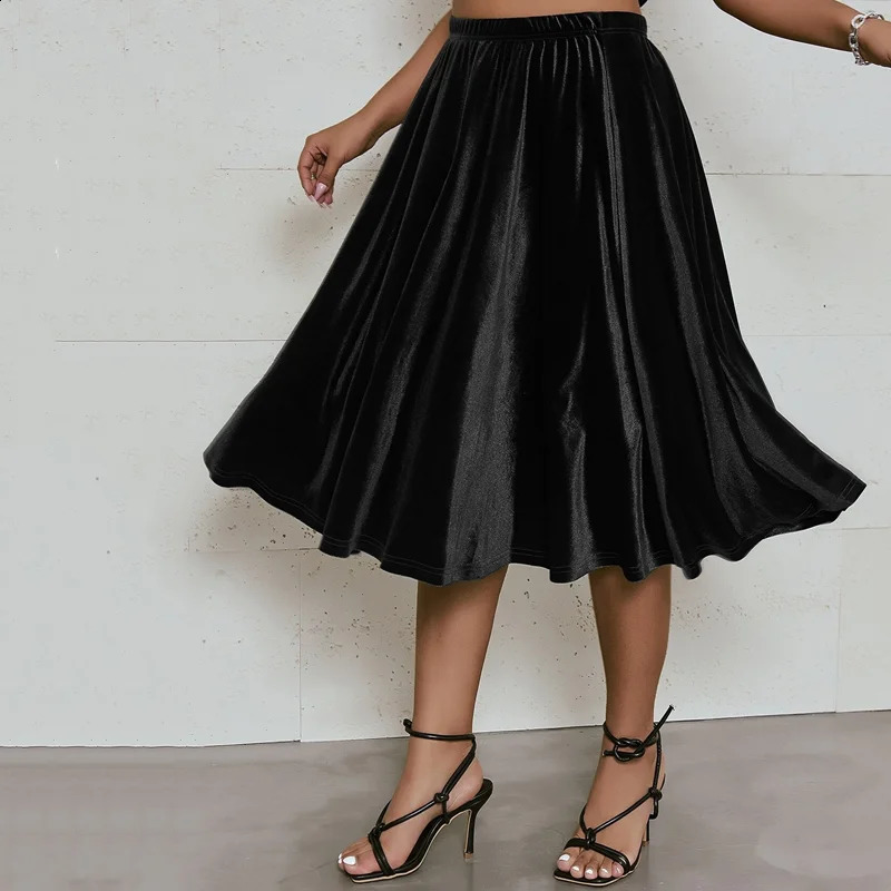 Plus Size High Elastic Waist Velvet Skirt Women Solid Black Spring Autumn Midi Party Aline Flare Large 6XL 7XL 250122