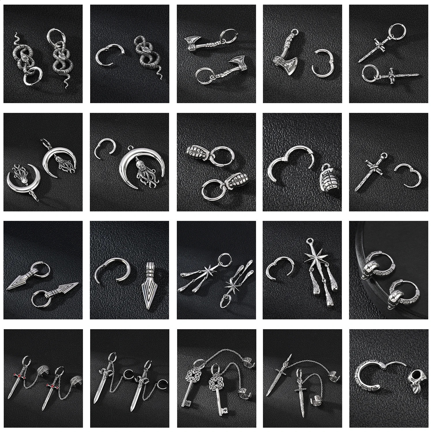ZS 1Pair Punk Rock Dangle Earrings Stainless Steel Hoop Rings Pendant Earrings for Men Skull Snake Cross Shape Ear Piercing 250120