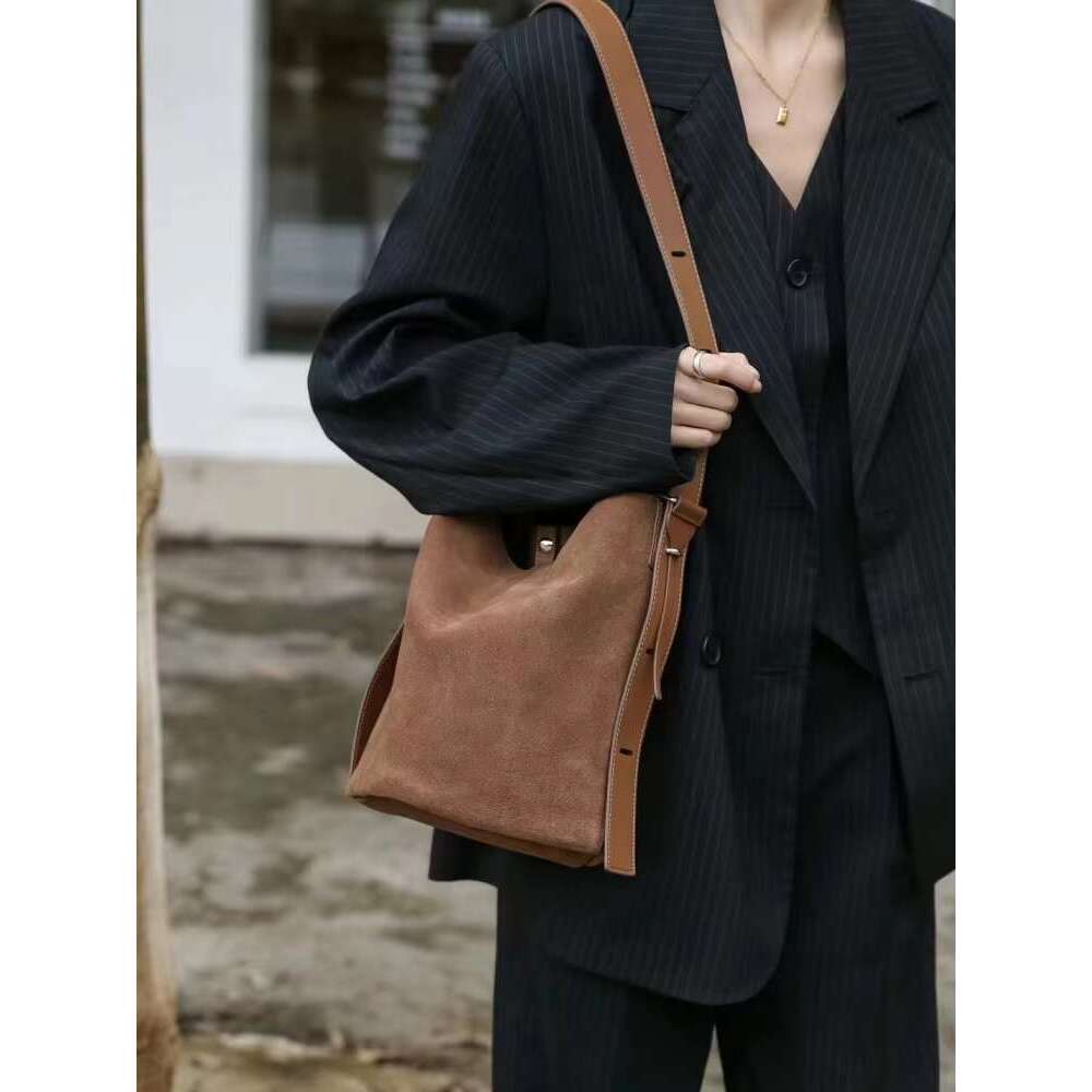 Vintage Cow Suede Bucket Women Single Shoulder New Autumn Winter Solid Color Office Ladies Handbag Casual Messenger Bag