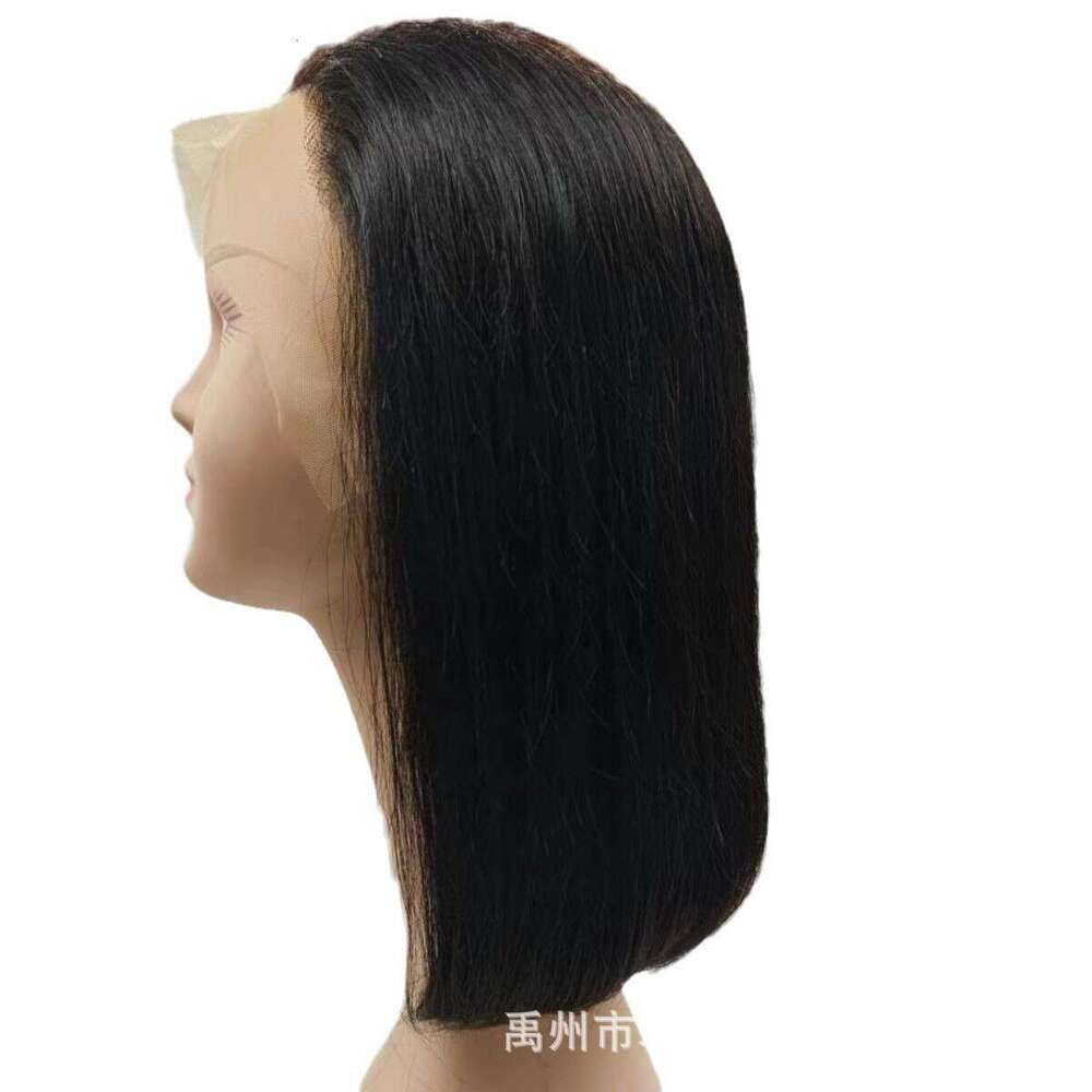 Lace Front Wig Cover T Shape Front Lace Wig Full Short Straight Bobo Bow Head Human Hair X Natural Black Hair Set