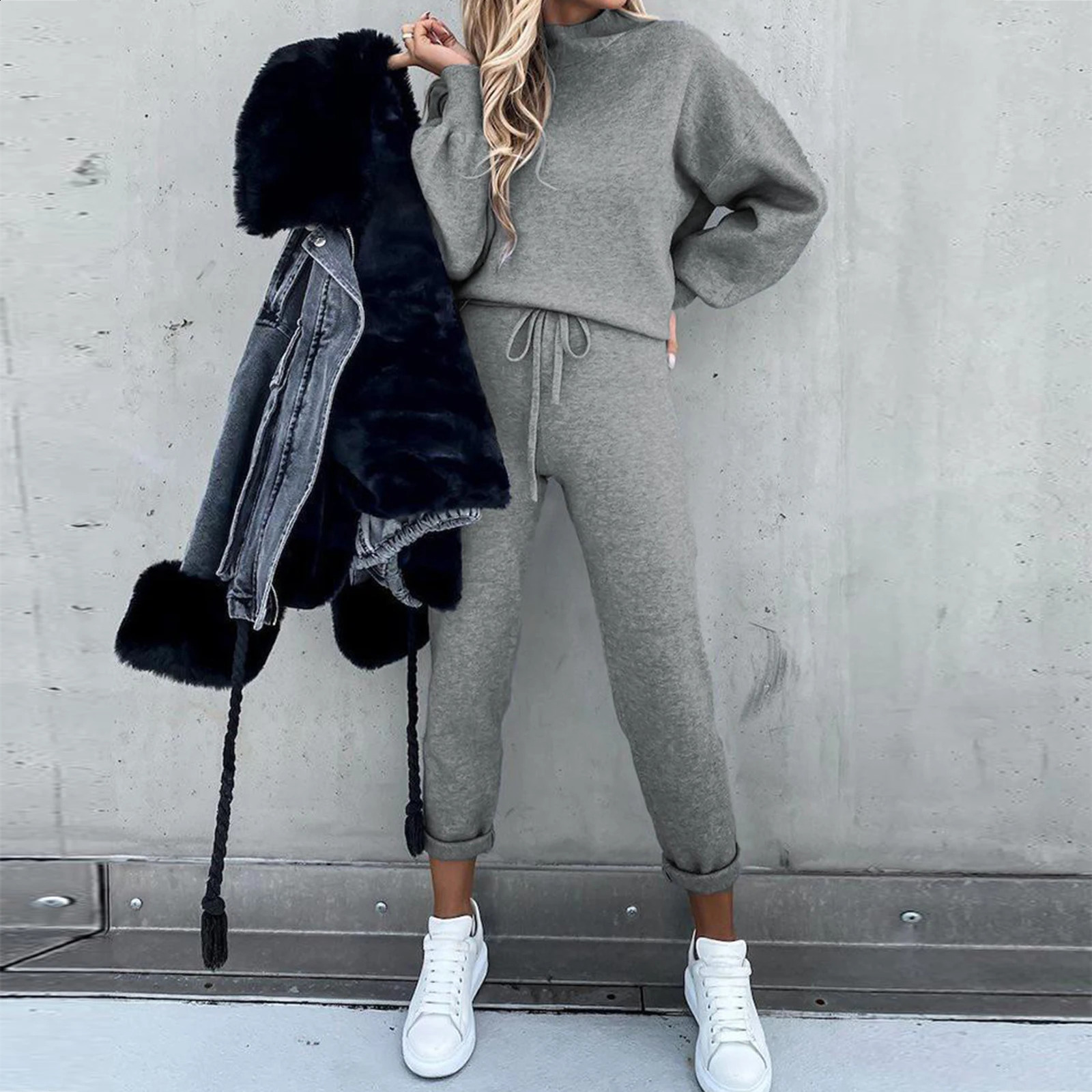 Womens Fleece Tracksuit Hooded Sweatshirt Autumn Solid Blouse Pants 2Pieces Set Long Sleeve Pullover Drawstring Sportswear 250122