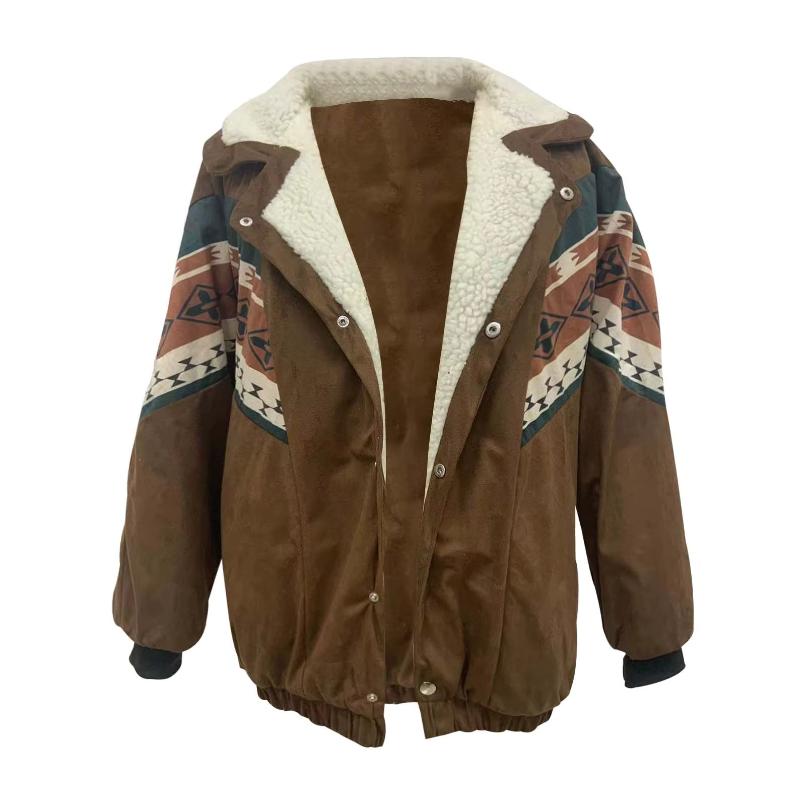Women Winter Vintage American Retro Geometric Pattern Printed Fleece Jackets Thick Sedue Button Down Cotton Coats