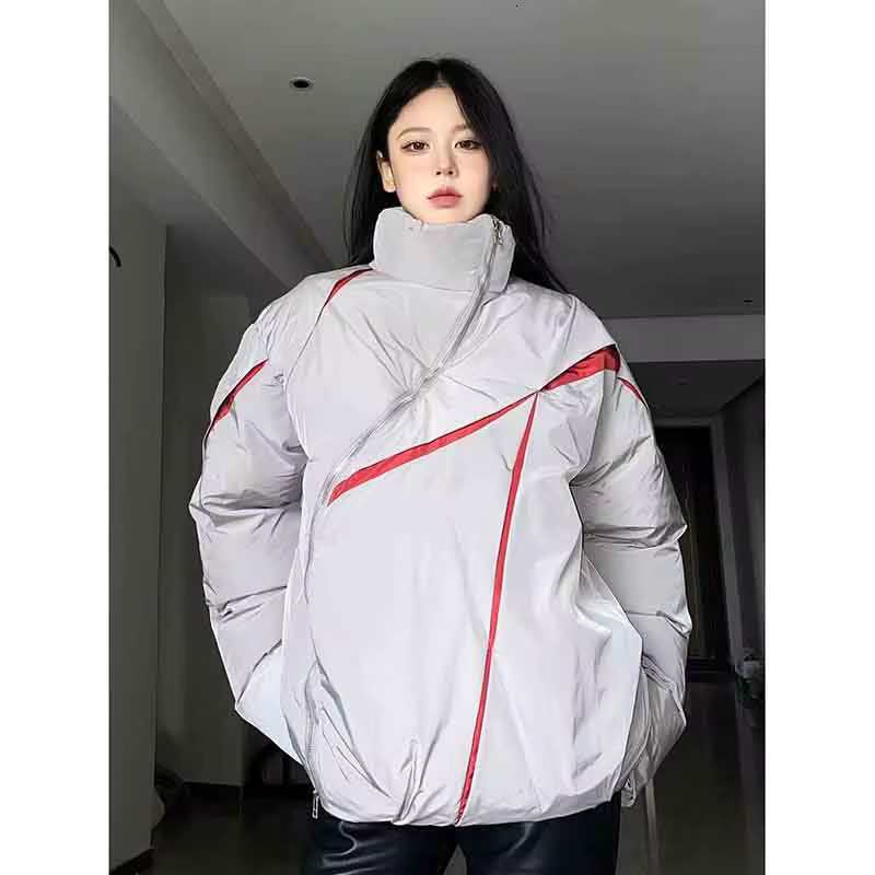 Y2k Fashion Patchwork Women Short Parkas Bf Korean Loose Streetwear Irregular Zipper Coat Stand Collar Long Sleeve Jackets
