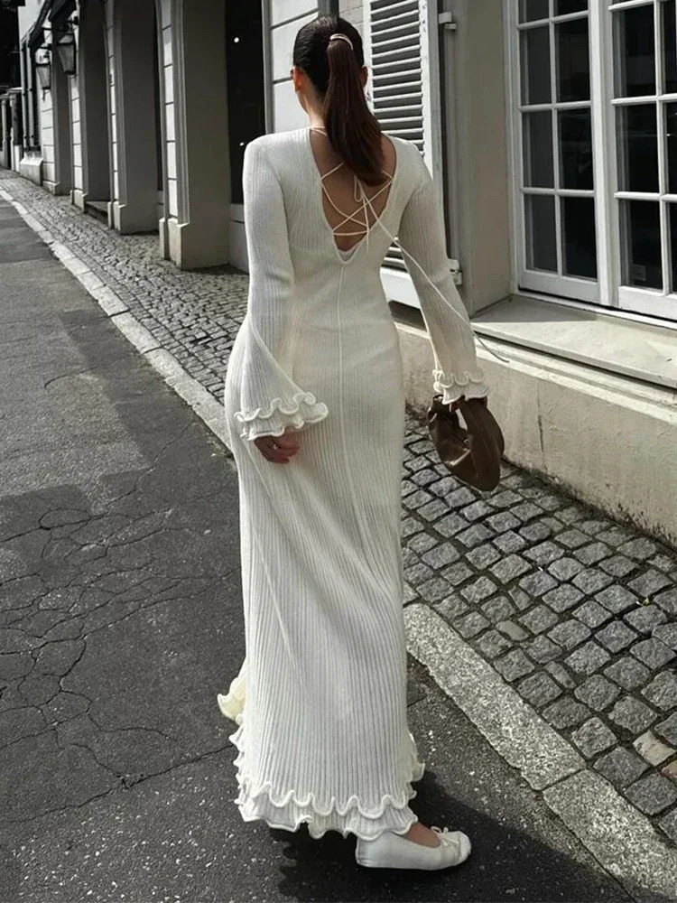 Elegant Solid O Neck Womens Long Dress Chic Long Sleeves Ruffles Lace Up Backless Maxi Dresses 2025 Female Office Vestidos 250122