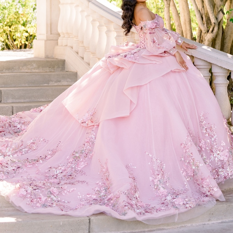 Pink Quinceanera Dresses Ball Gown Off The Shoulder Sequin Applique Lace Flower Beads Tull Party Birthday Sweet 16 Dress Vestidos 15 De