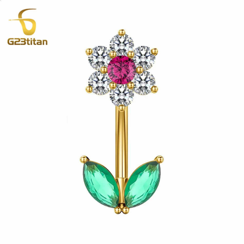 G23titan 14G Zircon Flower Barbell Belly Button Ring Women Body Sexy Navel Piercing Anti Allergic Jewelry Accessories Ombligo 250110