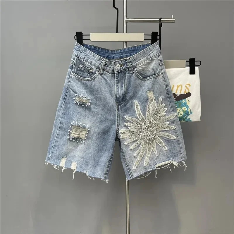 Summer Nail Bead 3D Flower Denim Shorts for Women European High Waist Laundry Pants Elastic Jeans Pants 250118