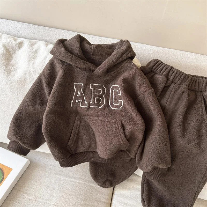 Autumn Winter Boys Clothing Set Double-Sided Velvet Letter Print Thick HoodiesPants 2Pcs Suit For 1-8Y Girls Warm Outfit 250113