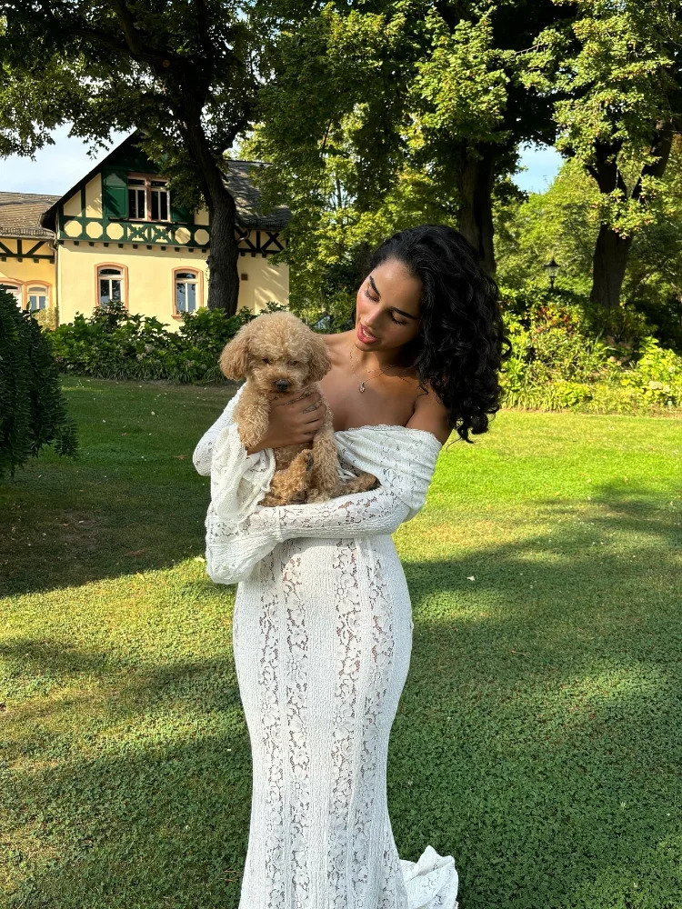 Women Elegant Off Shoulder Lace Up Ruffle Edge Dress Chic Hollow Out Puff Long Sleeves Maxi Slim Dresses Spring Lady Street Robe 250122