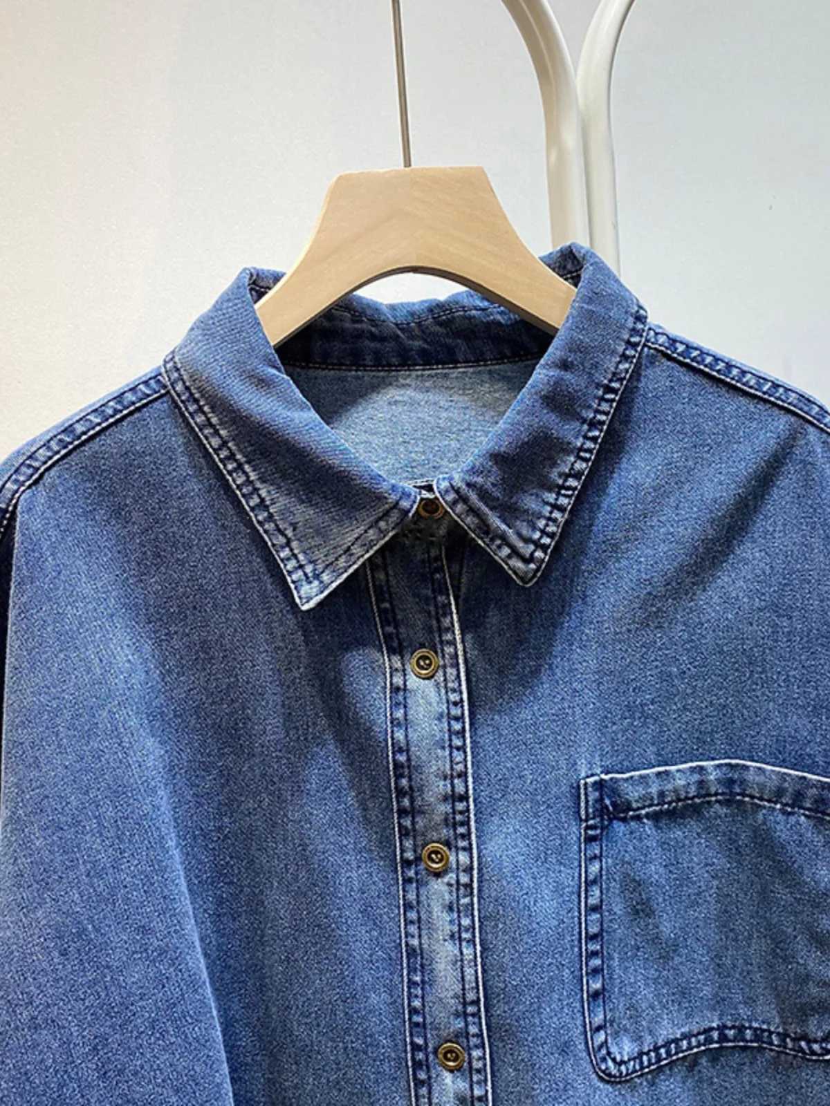 French Style Retro Denim Shirts Women Spring Autumn Turn-down Collar Long Sleeve Loose Thin Jacket Leisure Female Blouse Tops M250121
