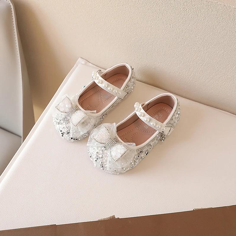 Girls Mary Janes for Party Wedding Shows Bow Sequined Rhinestones Shallow Children Fashion Versatile Soft Kids Casual Shoes 2024 250121