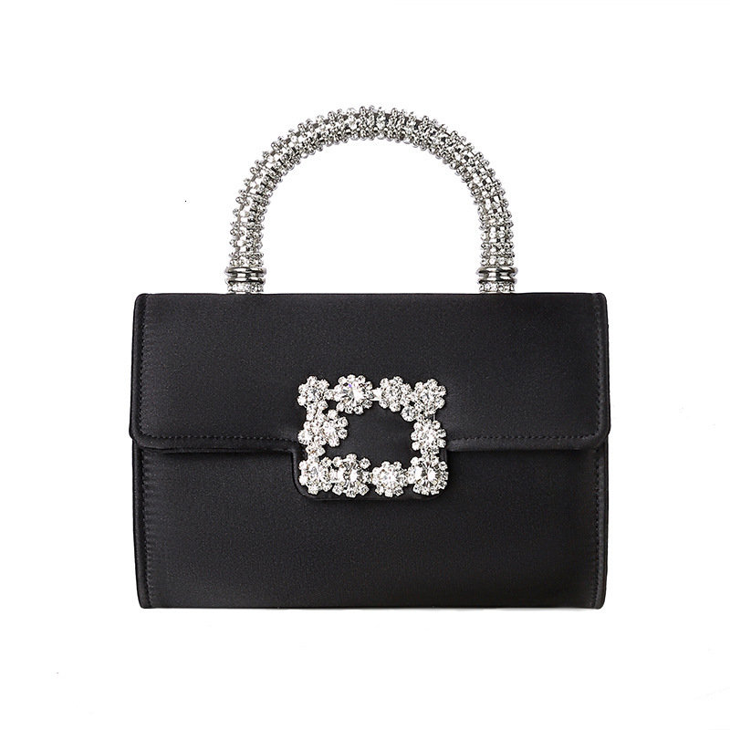 RV Rhinestone Imitation Silk Chain Single Shoulder Diagonal Cross Hand-Held Bag, Silver Buckle Versatile Fashionable Dinner Bag