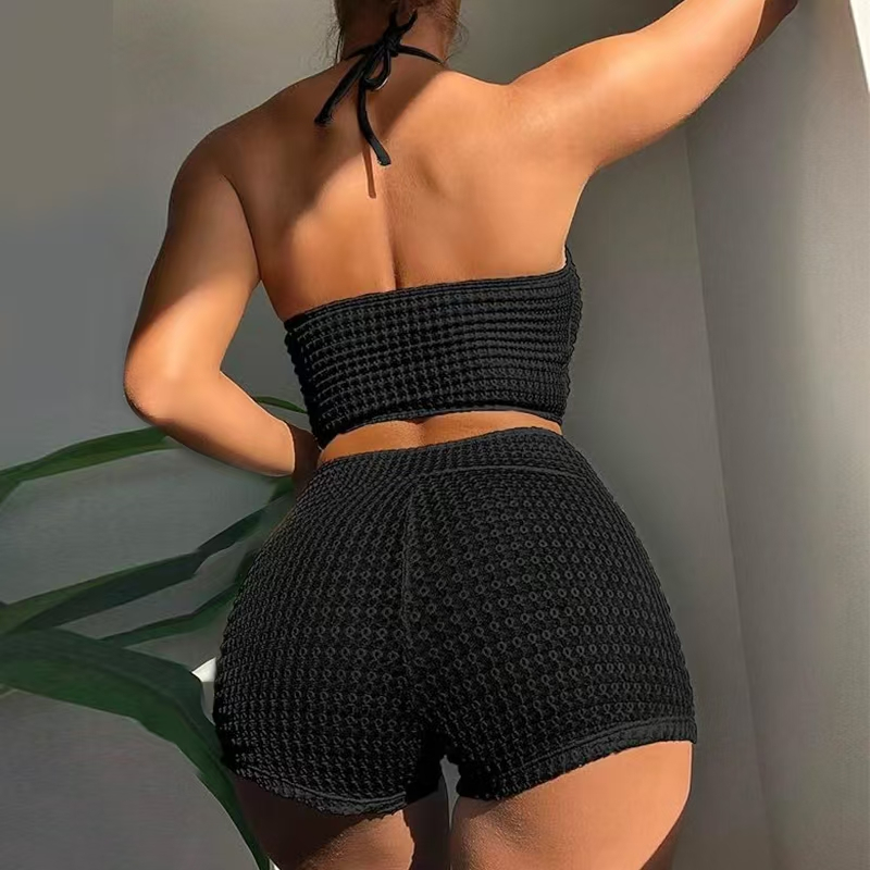 Shorts High Waist Bikini 2025 Women Beach Sport Bikinis Push Up Vintage High Neck Swimwear Textured Swimsuit Solid Colors Swimming Bathing Suit Modest