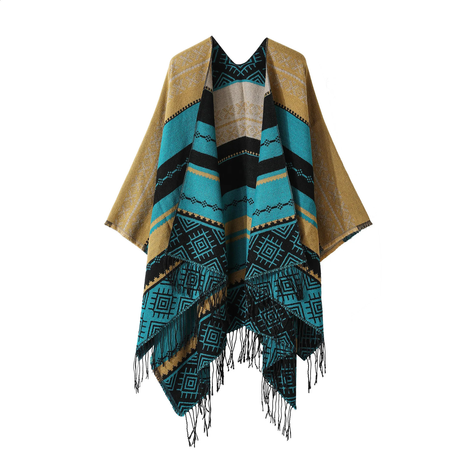 Poncho Split Warm Shawl Vintage Ethnic Style Scarf Cashmere Tassel Women Cape Lady Cloak Warm Coat Khaki 250121