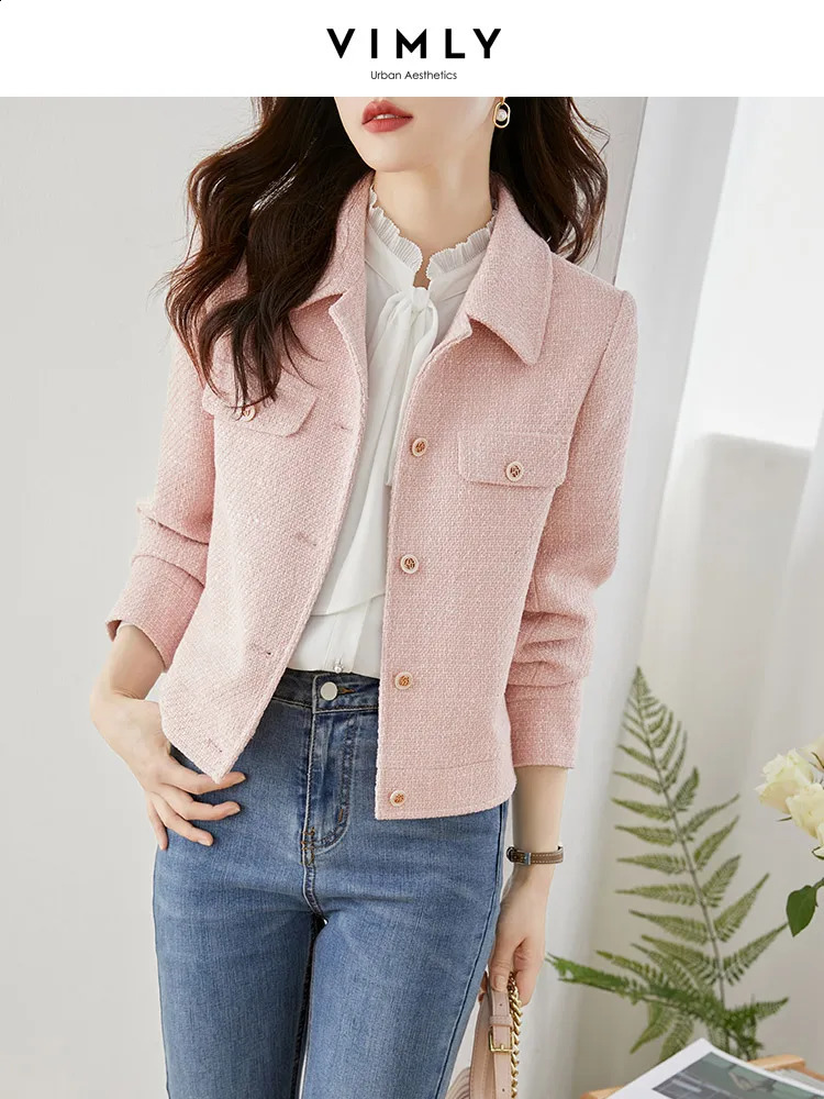 VIMLY Pink Texture Tweed Cropped Spring Jacket for Women Short Coat Lapel Long Sleeve Outerwear Female Clothes V7669 250122