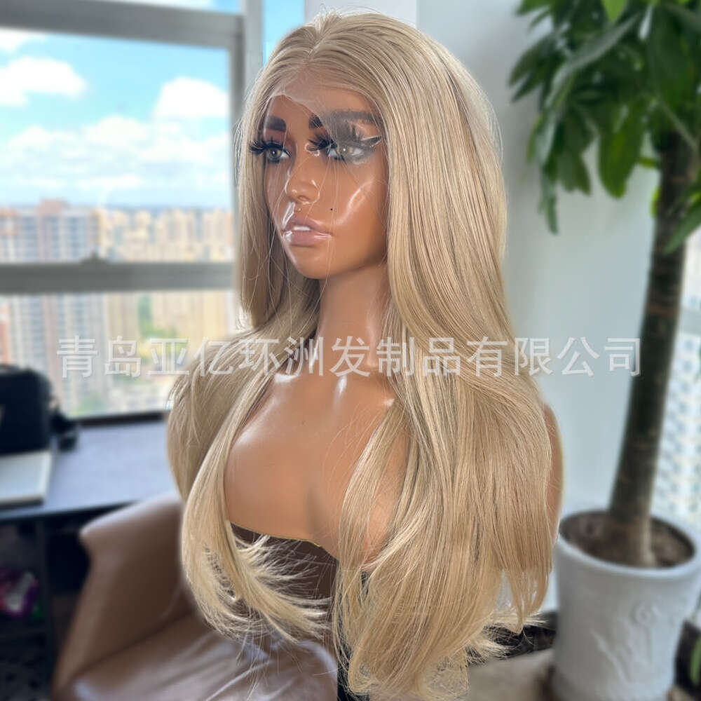 Lace Front Wig Cover T Shape Front Lace Wig High End Synthetic Gold Eight Character Bangs Japanese Silk Imitation Human Hair Headband