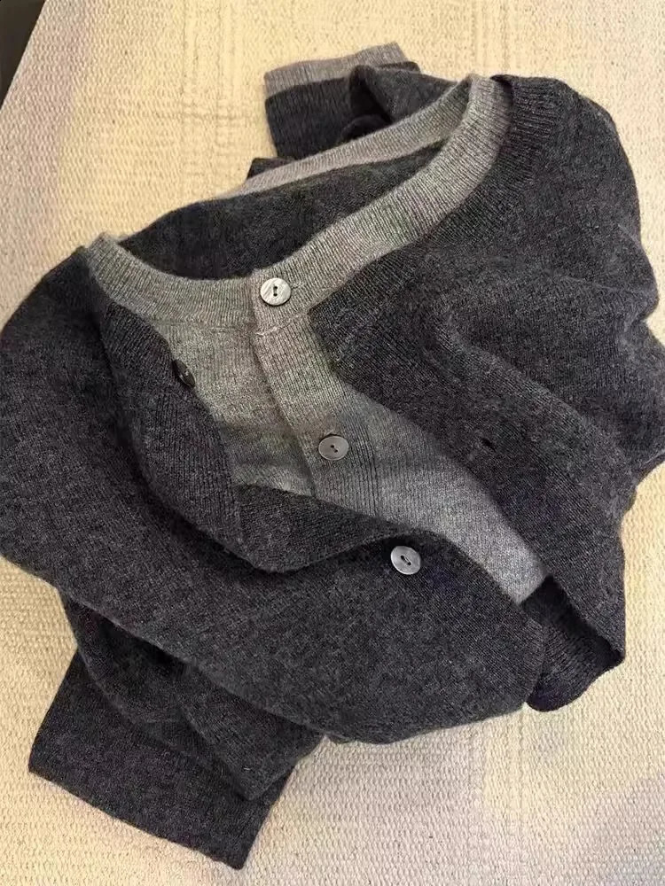 two 100% pure cashmere sweater cardigan dark grey high-grade wool knit coat top 250206