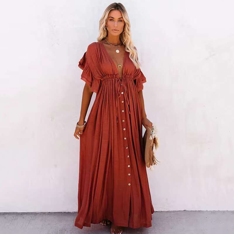 Women's Beach Button Down Sunscreen Bikini Swimwears Vacation Bamboo Maxi Sundress Oversized Bathing Suit Cover Ups