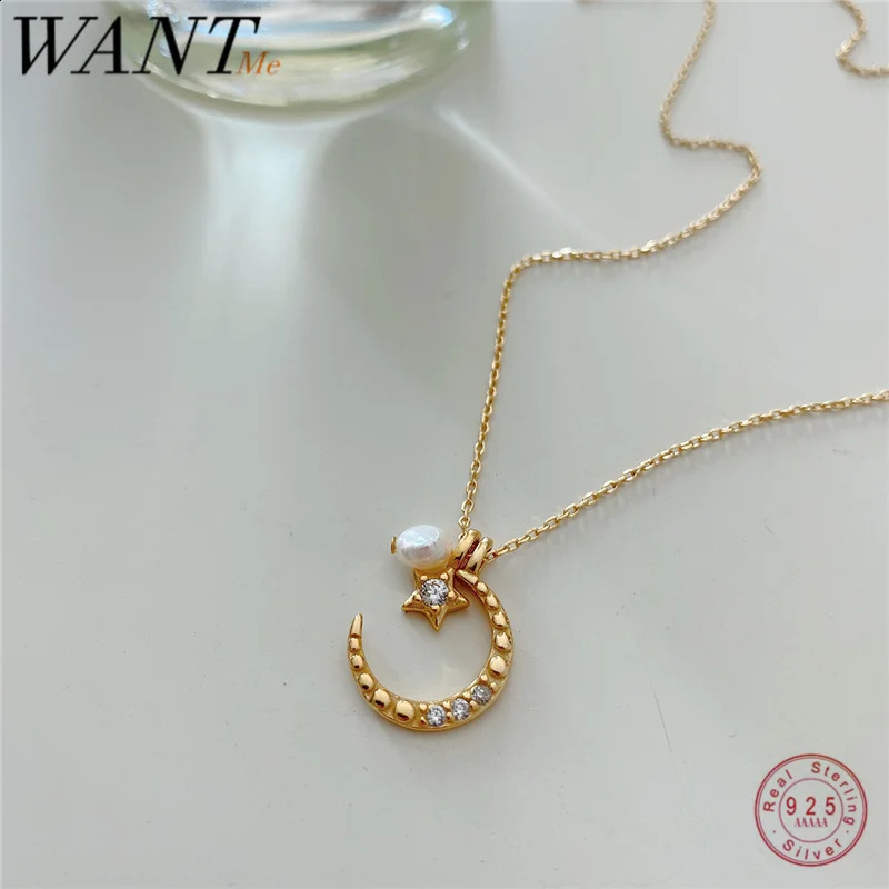 WANTME Three-Purpose Star Moon Irregular Pearl Pendant Chain Necklace for Women Genuine 925 Sterling Silver Party Jewelry Gift 250117