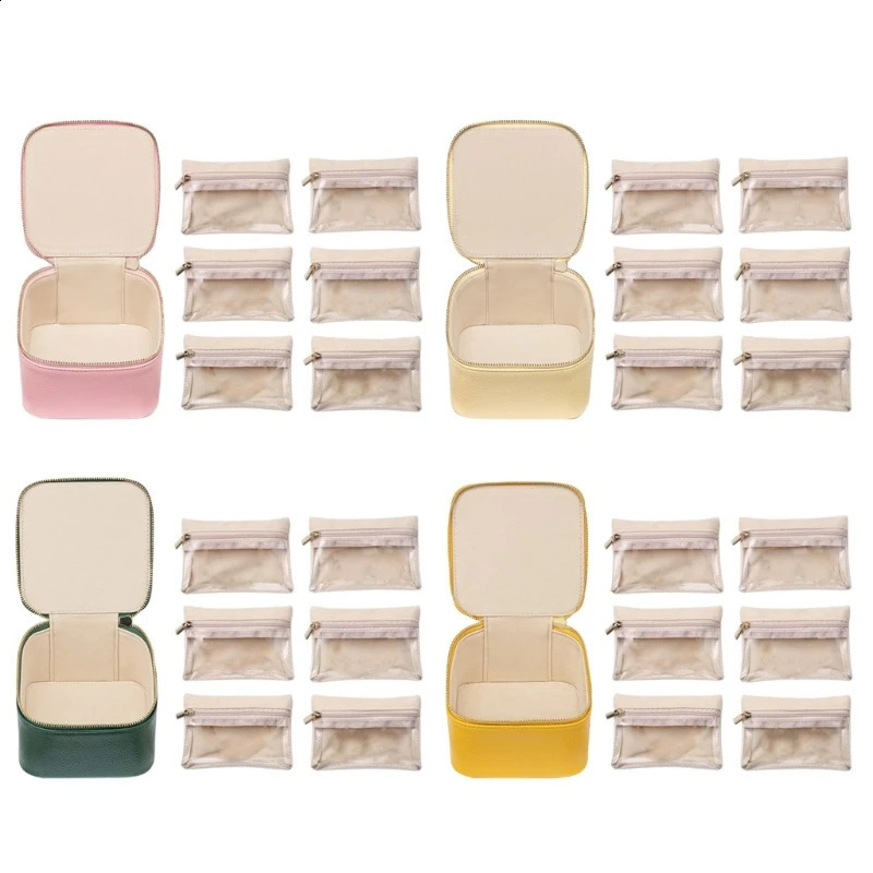 Portable Jewelry Storage Box Zipper Velvet PU Earrings Necklace Storage Box with 6 Pouch pendant Rings Jewelry bag Solid Color 250117