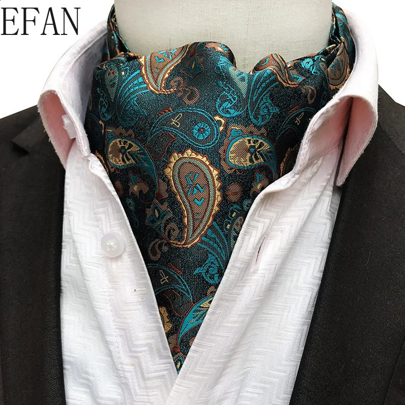 Solid Black Men Vintage Cashew Floral Wedding Formal Cravat Ascot Scrunch Self British Gentleman Silk Woven Neck Tie 250117
