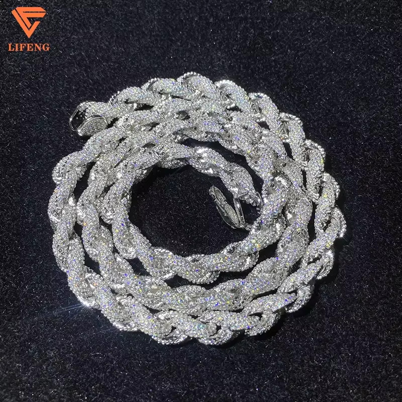 Fashion Jewelry Popular White Gold Plated Sier Iced Out 8mm VVS Moissanite Hip Hop Rope Chain Necklace For Men