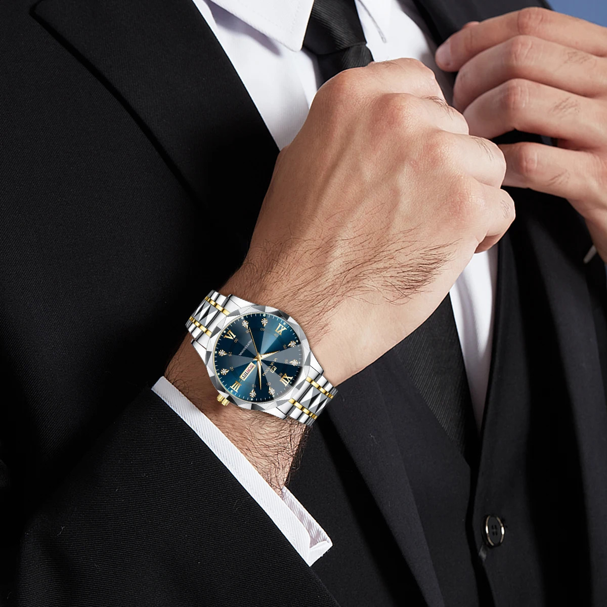 Men Watch Water Diamond y Night Glow Double Calendar Quartz Movement 41mm Blue Gold Stainless Steel Fashion Business 250118