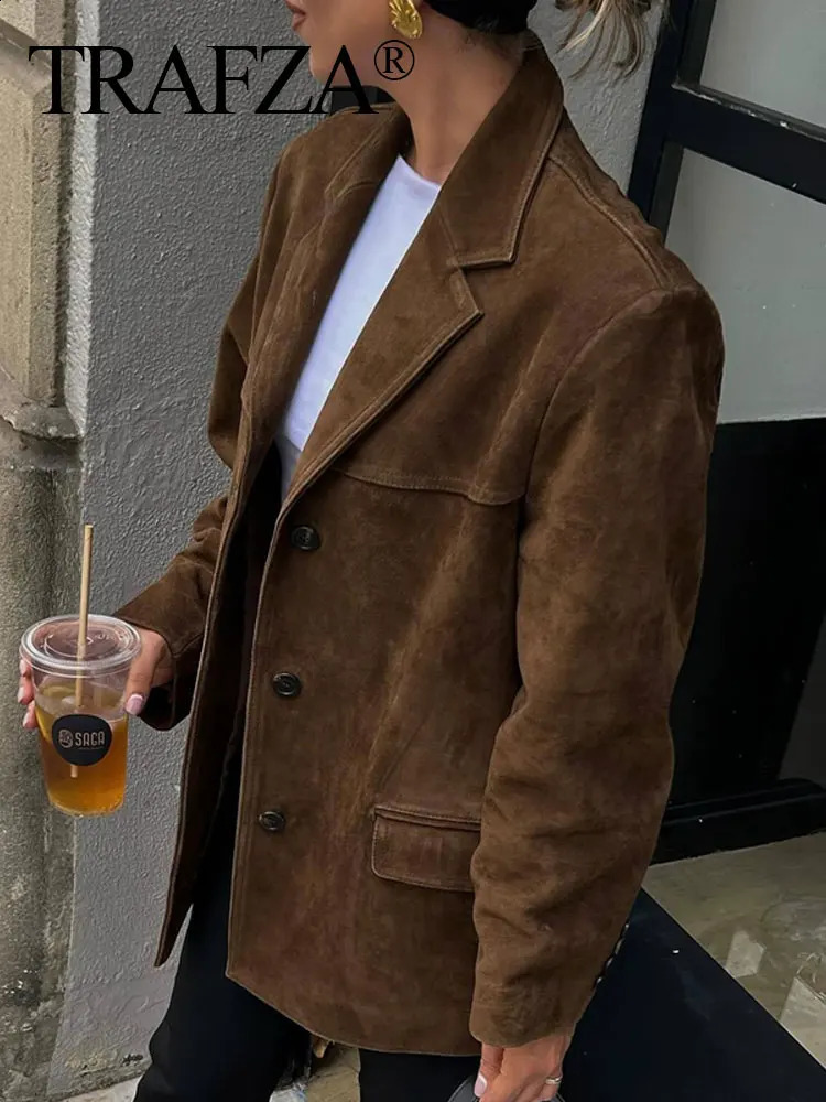 TRAFZA Trendy Suede Blazer For Women Autumn Causal Solid Color Single Breasted With Pockets Long Sleeves Lapel Retro Coats 250109