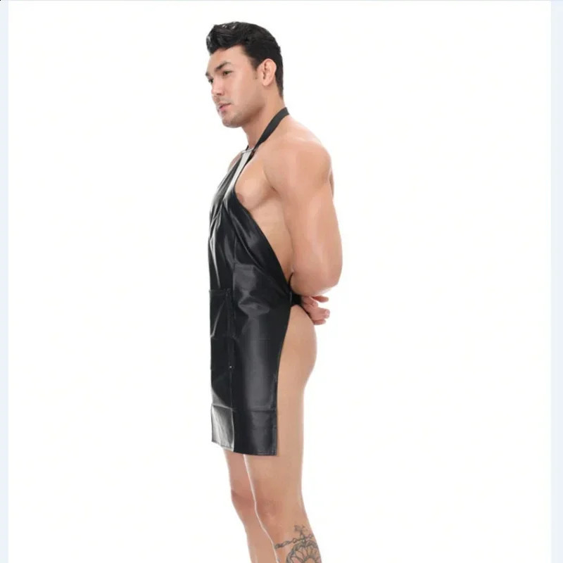 Men Sexy Bodysuits Apron Hollow Out Erotic Clubwear Black OnePiece Kitchen Dress Bodyshaper Gay Penis Hole Backless Lingerie 250108