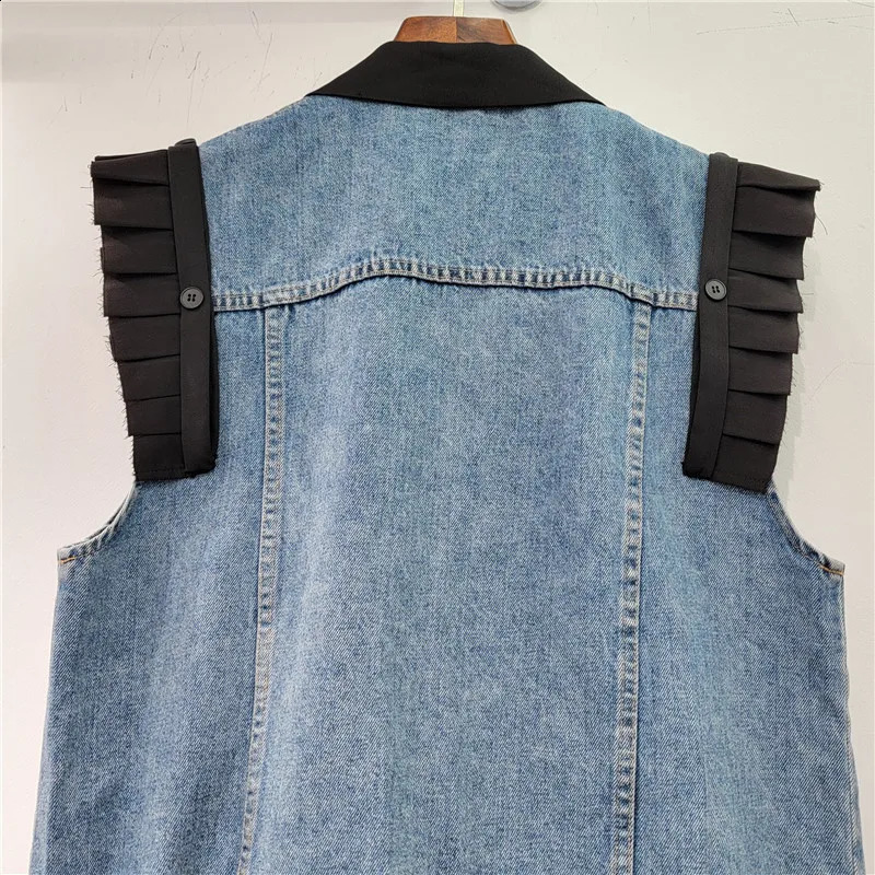 Vintage Blue Suit Collar Splicing Denim Vest Women Loose Long Waistcoat Cowboy Sleeveless Jacket Coat Pocket Jeans Vest Female 250122