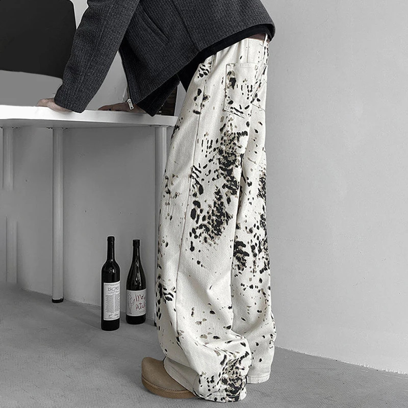 MWJQ Leopard Print n Jeans Mens High Street Loose Wide Leg Pants Full Length Denim Trousers 2025 Fashion 010033 250120