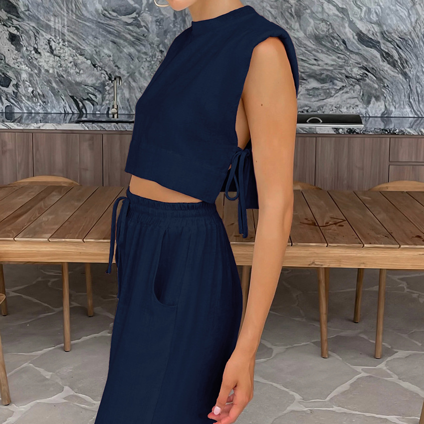 Fashion cotton and linen suit women's clothing summer new shoulder pads sleeveless top trousers two-piece set European and American casual