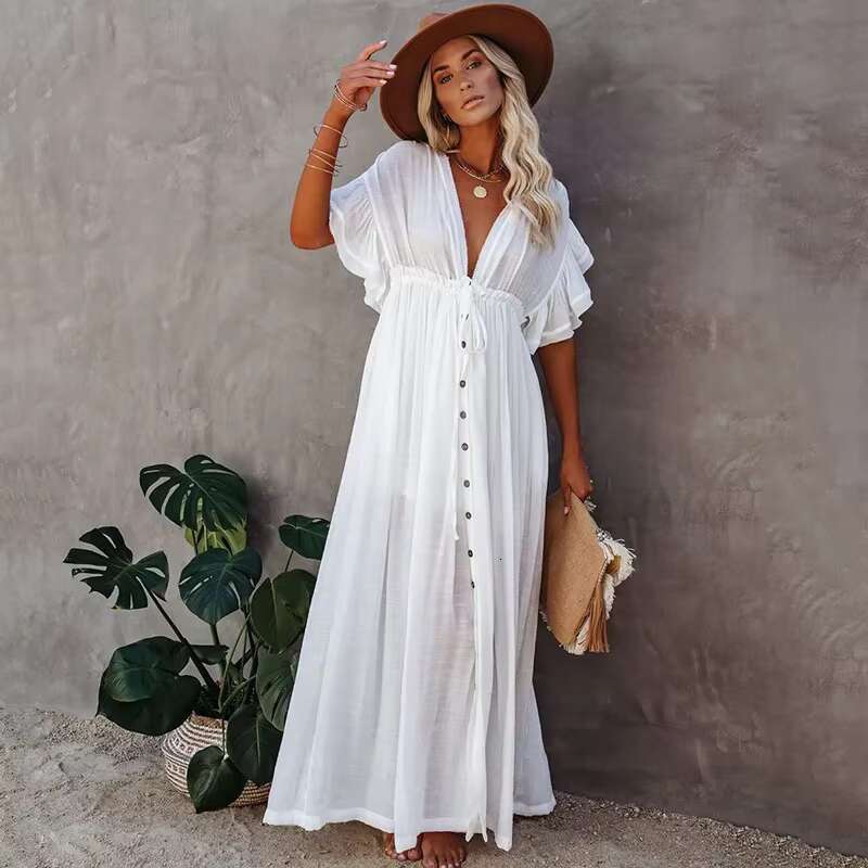 Women's Beach Button Down Sunscreen Bikini Swimwears Vacation Bamboo Maxi Sundress Oversized Bathing Suit Cover Ups