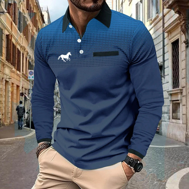 Fashionable Mens Top T-shirt Item Gradient Color Autumn Mens Long Sleeved Polo Shirt 250118