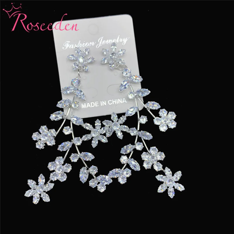 Fashion Korean CZ Flower Ear Accessories Wedding Jewelry Cubic Zirconia Long Drop Bridal Earring For Women RE4169 250117