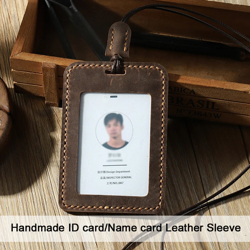 Handmade Vintage Crazy horse Genuine leather card holders ID card holder name card leather sleeve ID Badge Case 250120