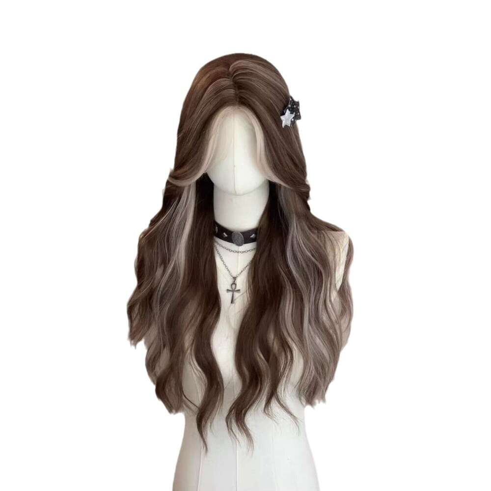 Lace Front Wig Cover T Shape Kuku Princess Small Lace Wig Female Long Curled Grey Gold Pickled Natural Full Head American Asian Hair Set