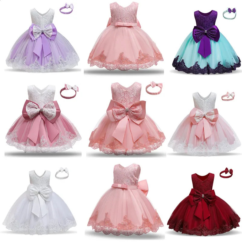 Baby Girls Princess Dress Cute Bow 3 6 9 12 18 24 Months Toddler Infant Party 1st 1 2 Year Old Birthday Lace Christening Gown 250117
