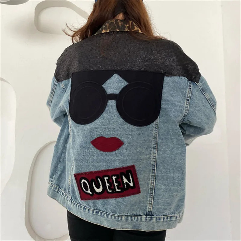 Vintage Multicolour Sequins Leopard Patch n Denim Jacket Women Cow Outerwear Loose Short Big Pocket Jeans Jacket Female 250121