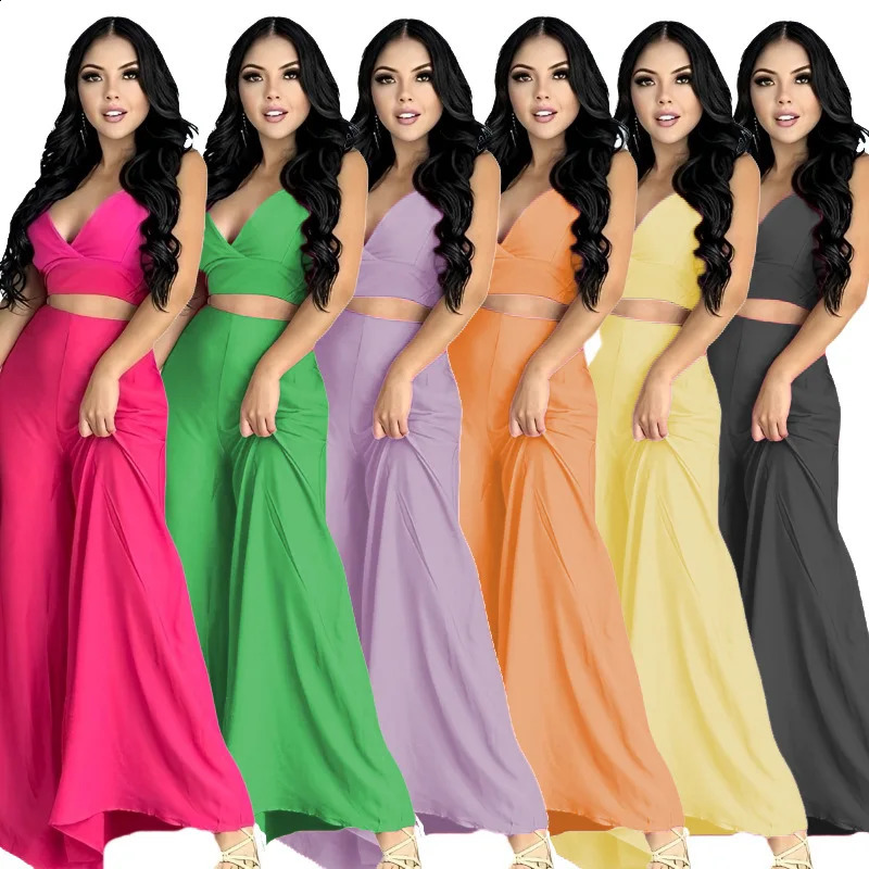 European and American womens clothing two-piece set with solid color suspender vest high waist insert pocket wide leg pants 250118