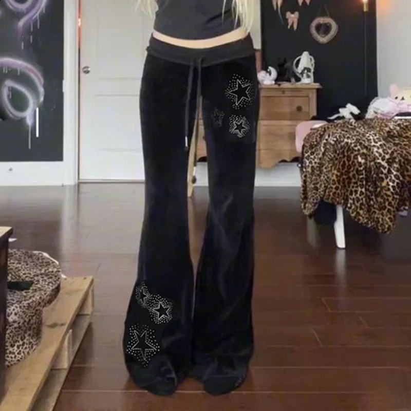 Rhinestones Star Velvet Flared Pants Y2K Aesthetic High Waist Baggy Sweatpants Casual Basic Boot Cut Trousers 250117