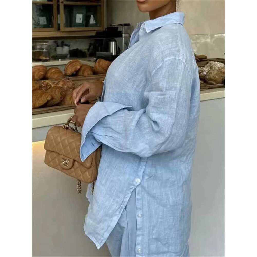 Casual Solid Two-Piece Women New Summer Single Breasted Long Sleeve Shirts+Wide Leg Trouser Simple Fashion Pants Set