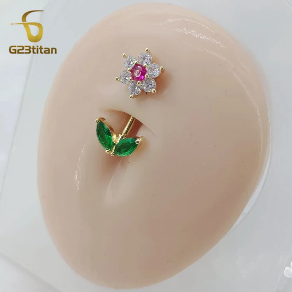 G23titan 14G Zircon Flower Barbell Belly Button Ring Women Body Sexy Navel Piercing Anti Allergic Jewelry Accessories Ombligo 250110