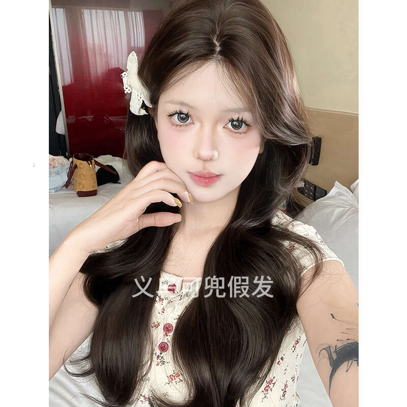 Lace Front Wig Cover T Shape Daily Black Tea Colored Wig With Front Lace Fetal Bangs Long Curly Hair Natural Full Head Cover