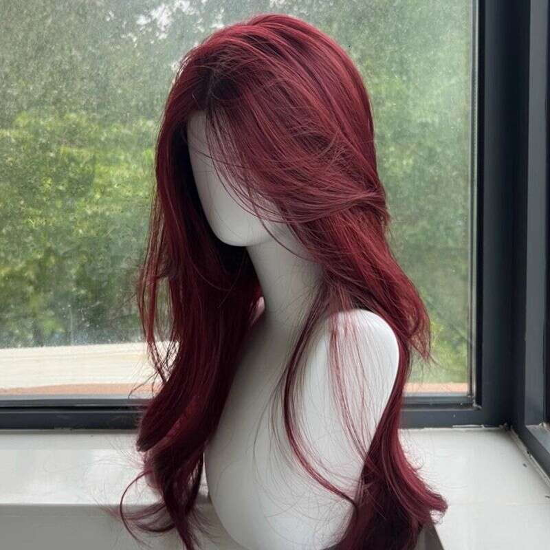 Lace Front Wig Cover T Shape Rose Red Front Lace Large Wave For Women With Small Medium Split Eight E Bangs Long Curly Hair Full Head Wig Set