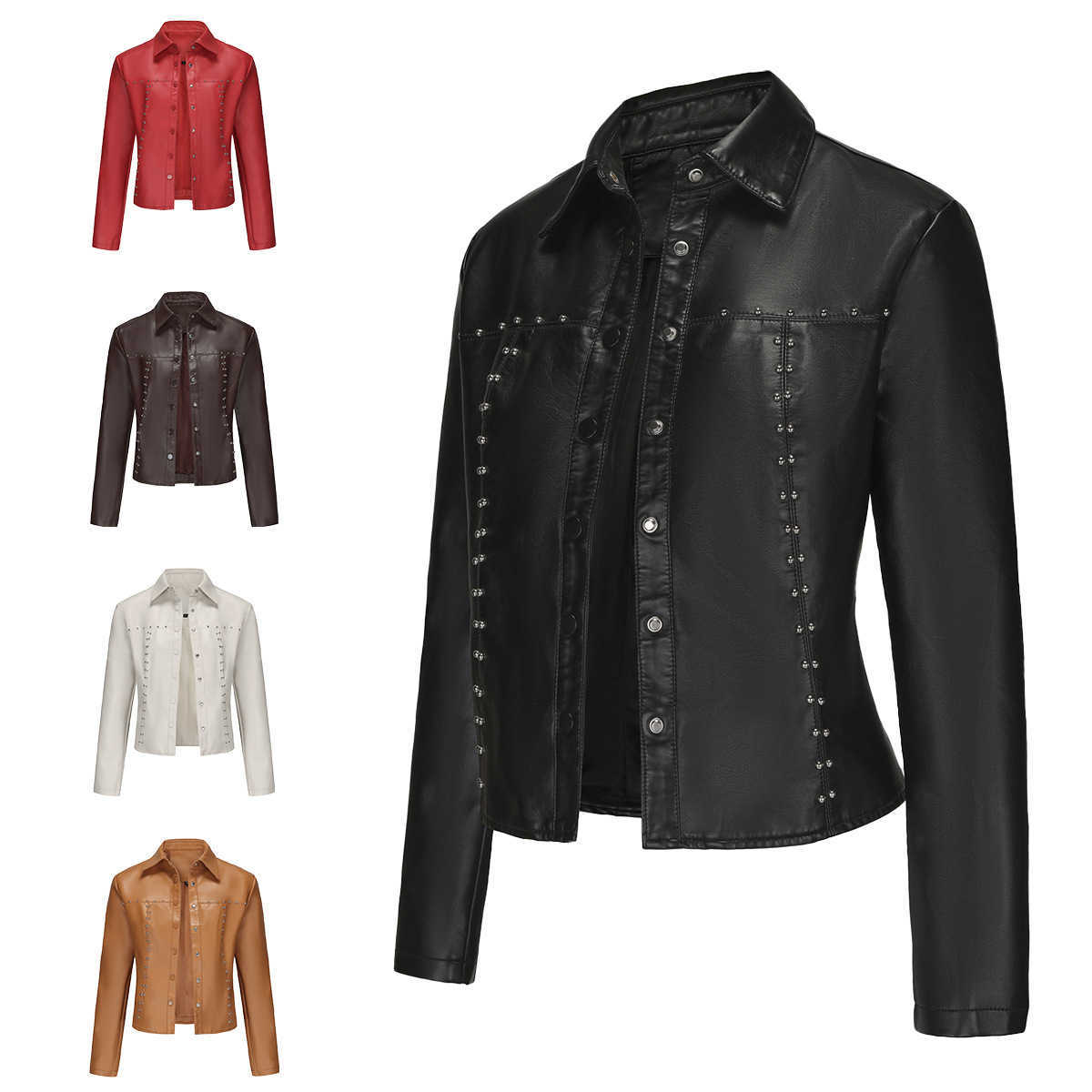 Spring Autumn New Rivet Leather Jacket Cardigan Button Up Leather Jacket Fashion Trend Thin Coat Womens Clothing Womens Leather Womens Jacket 241209