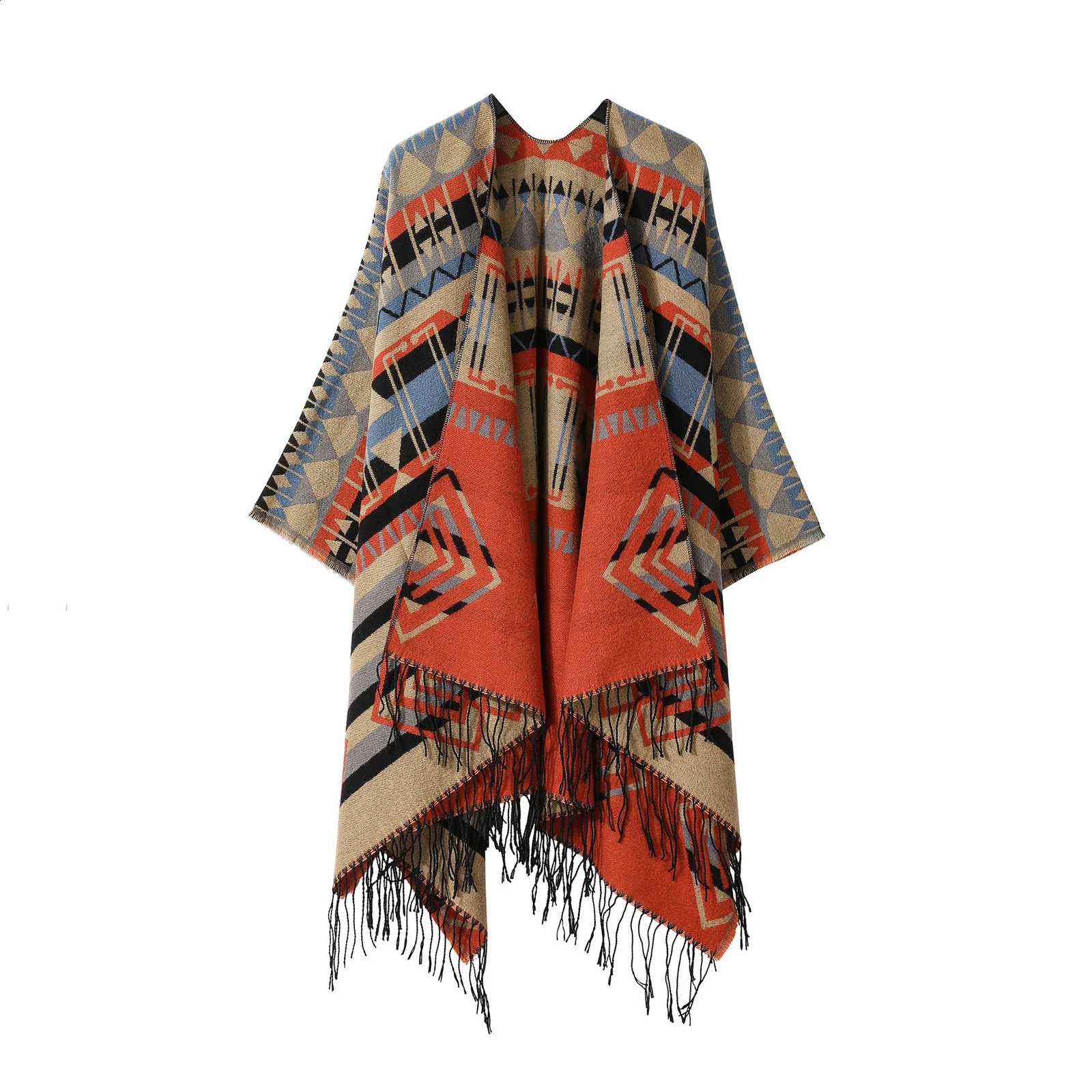 Poncho Split Warm Shawl Vintage Ethnic Style Scarf Cashmere Tassel Women Cape Lady Cloak Warm Coat Khaki 250121