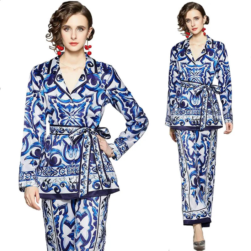 High Quality Twopiece Set For Women Notched Collar Red Blue White Porcelain Print Jackets Top Floral Wide Leg Pants Suits 250108